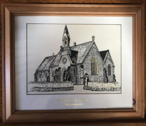 An old drawing of the church when it had a bell above the door